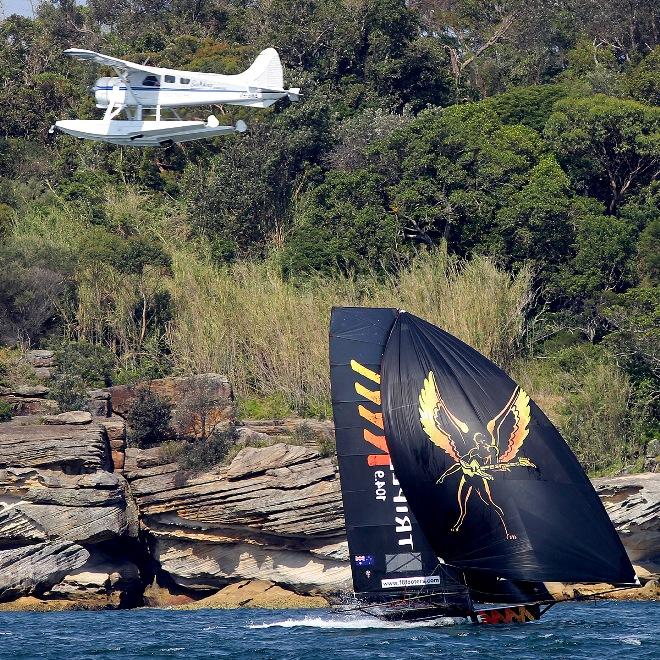 Local seaplane comes in for a closer look at the winner - 18ft Skiffs Yandoo Trophy © Frank Quealey /Australian 18 Footers League http://www.18footers.com.au